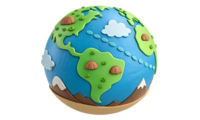A colorful earth globe with continents, oceans, mountains, and clouds isolated on transparent background