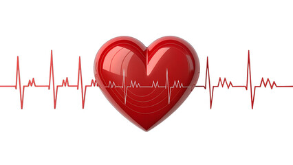 Red heart with heartbeat line isolated on transparent background, a symbol of love, health, and vitality in medical and healthcare