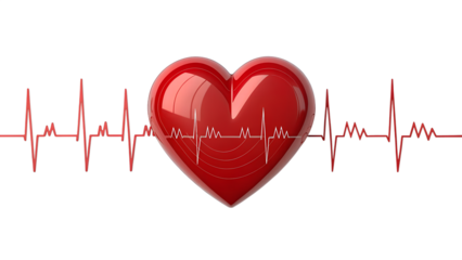 Red heart with heartbeat line isolated on transparent background, a symbol of love, health, and vitality in medical and healthcare