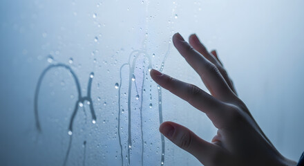 Close-up of a hand tracing patterns on a foggy glass surface, with droplets of water creating a soft, dreamy atmosphere, evoking feelings of nostalgia and reflection