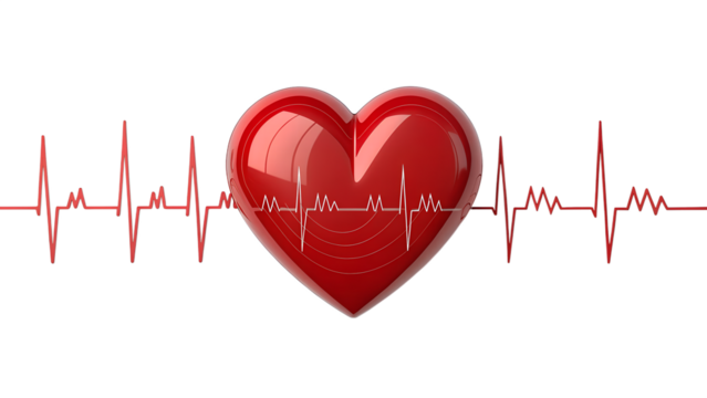 Red heart with heartbeat line isolated on transparent background, a symbol of love, health, and vitality in medical and healthcare