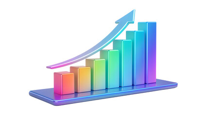 A colorful 3d bar graph with an upward arrow, isolated on transparent background, representing growth and success in business