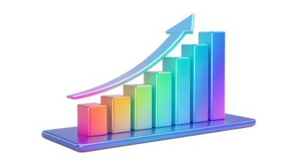 A colorful 3d bar graph with an upward arrow, isolated on transparent background, representing growth and success in business