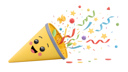 A cheerful party popper with a smiling face, colorful confetti, and streamers isolated on transparent background