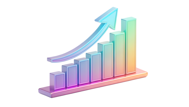 Colorful 3d bar graph with an upward arrow isolated on transparent background, representing business growth and financial success