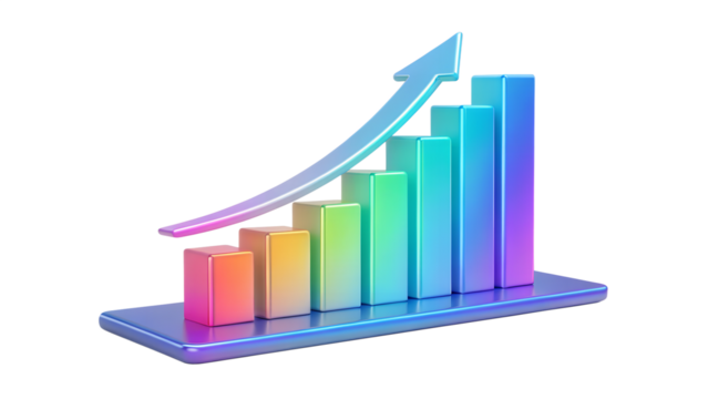 A colorful 3d bar graph with an upward arrow, isolated on transparent background, representing growth and success in business