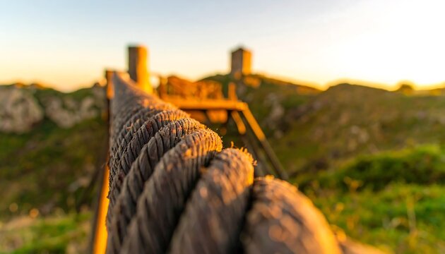 Close-up of thick, weathered rope on a hillside at sunset, with blurred structures in the background