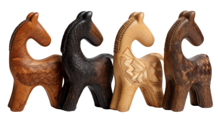 Carved wooden horse figurines display