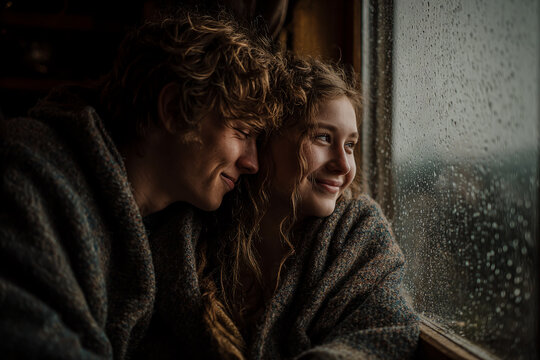 Young couple smiling warmly while sitting by window on rainy day  