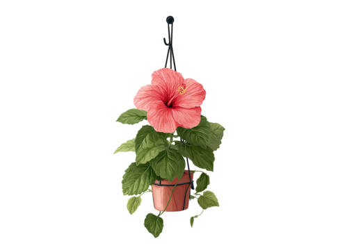 Hanging hibiscus in terracotta pot. Vivid pink flower, lush green leaves, detailed illustration - Powered by Adobe
