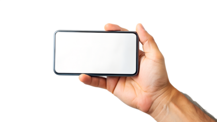 Hand holding smartphone with blank white screen in horizontal position isolated on transparent background for mockup