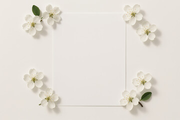 Obraz premium Minimalist Cherry Blossom Frame with White Square on Off-White Background