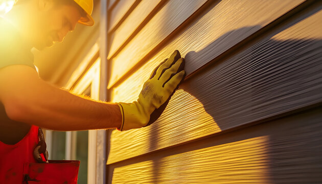 Construction worker installing siding on a house during sunset. The worker wears yellow gloves and red overalls. Sunlight illuminates the exterior wall, highlighting the siding installation process