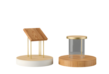 Display stands with wood and gold elements, transparent case