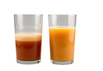 Glasses of orange and brown juice drinks on transparent background