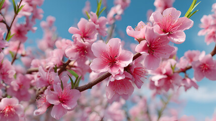 Pink blossoms covering a branch, set against a vibrant blue sky, embodying springtime renewal and beauty.
