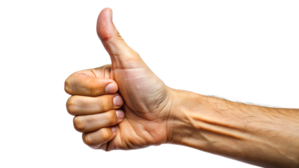 Closeup of a male hand giving a thumbs up isolated on transparent background, a gesture of approval, agreement, and positive feedback