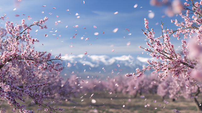 Blossom trees in spring garden with petals falling down, blue skies and snow capped mountains in background