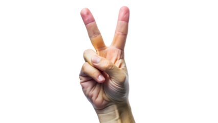 Hand showing the peace sign with bandages on the fingers isolated on transparent background