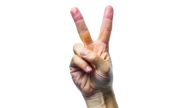 Hand showing the peace sign with bandages on the fingers isolated on transparent background