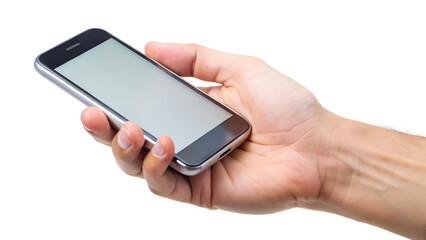 Hand holding a blank smartphone with a gray screen isolated on transparent background