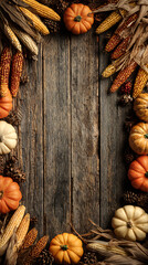 Fototapeta premium Autumn harvest background with pumpkins, corn, and rustic wooden texture