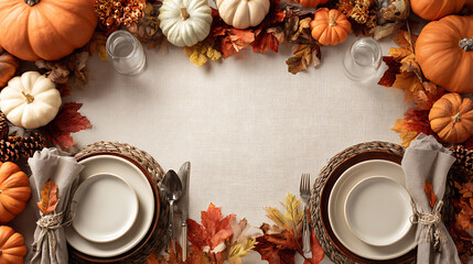 Elegant autumn table setting with pumpkins and fall leaves for Thanksgiving
