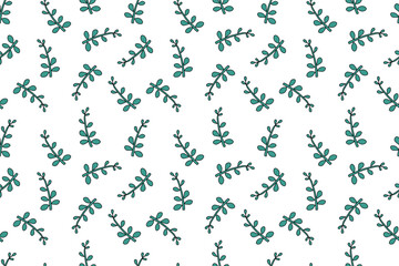 Beautiful natural seamless pattern of  dark green plant on  white background. Abstract environmental plant, forest, meadow. Flat design. For wallpaper, textiles, packaging, backgrounds and websites.