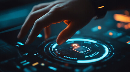 Close-up of glowing 'Share' icon on corporate dashboard post, finger with smartwatch tapping