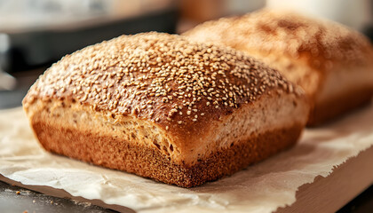 Close-up of freshly baked multigrain bread with sesame seeds on crust