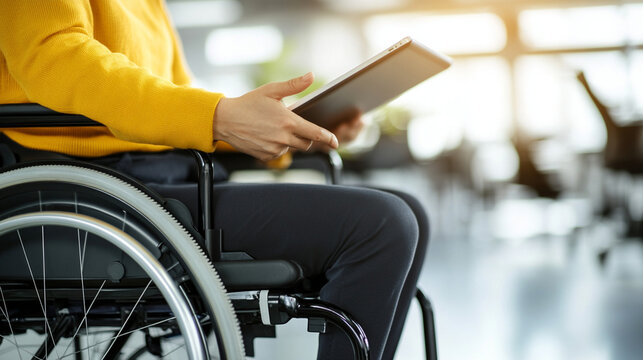 Close-up of wheelchair userâs hand sharing content on tablet, blurred background of inclusive office