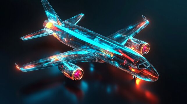 Futuristic transparent airplane model with glowing neon lights showcasing advanced technology and sleek design, representing innovation in aviation and modern transportation concepts - Powered by Adobe