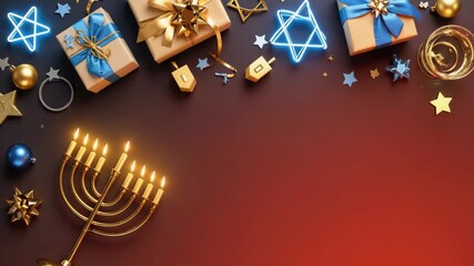 Golden menorah with candles, gifts, dreidels, and stars of david creating festive hanukkah scene.