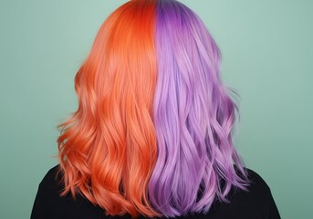  womans back view of split dyed hair in vibrant orange and purple tones, styled wavy