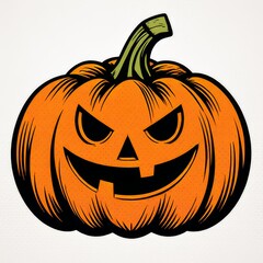 Fototapeta premium Halloween Pumpkin Comic with bright orange skin, mischievous grin, sharp teeth, set against light gray background. Concept of Halloween Pumpkin Comic in vintage style.