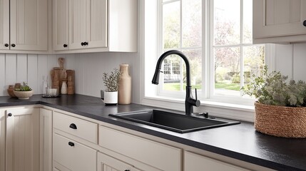 Bright Modern Kitchen Sink with Black Faucet and White Cabinetry
