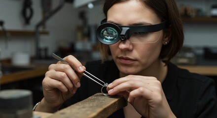Female jeweler working on ring with magnifying glasses in workshop  