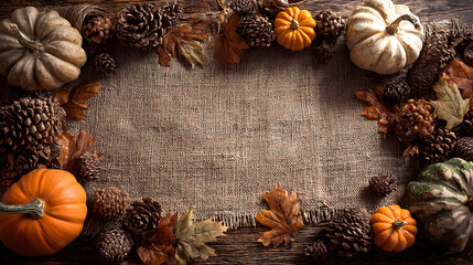 Fototapeta premium Autumn harvest frame with pumpkins, pinecones, and fall foliage on burlap
