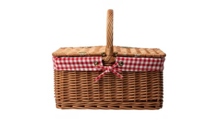 Wicker picnic basket with red gingham lining isolated on transparent background