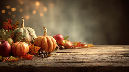 Rustic autumn harvest scene with pumpkins, apples, and fall foliage on wood