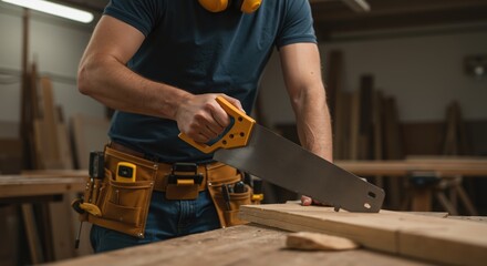 Carpenter using handsaw to cut wood in workshop interior