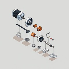 Fototapeta premium Exploded View of an Electric Motor with Components Floating in Isometric Perspective Depicting Engineering Design and Assembly Instructions