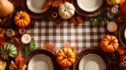 Festive autumn table setting with pumpkins, candles, and fall foliage decor