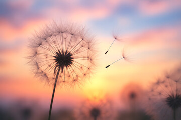 Fototapeta premium Dandelion seeds floating in the sunset sky with soft focus blowing wind
