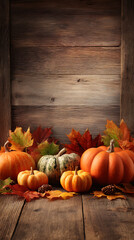 Vibrant pumpkins and autumn leaves on rustic wood background for fall decor