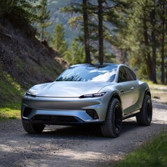 Naklejka premium Futuristic Electric Vehicle on Forest Road Embodying Sustainable Transportation and Cutting Edge Automotive Design Innovation for Environmentally Conscious Drivers