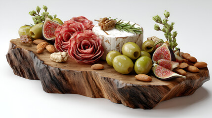 Elegant charcuterie board arrangement with figs, olives, salami roses, almonds, and soft cheese on rustic wood.
