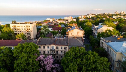 Panoramic cityscape view of a coastal town