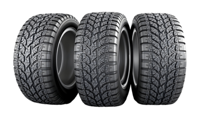 Off-road tires on rims, three tires isolated with a transparent background