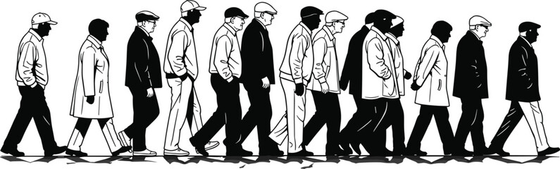 Black and white silhouette vector set of people walking in profile, wearing coats and hats, ideal for crowd and lifestyle designs